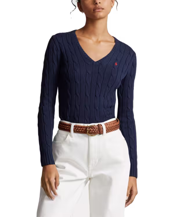 Kabelgebreide Katoenen V-Neck Trui