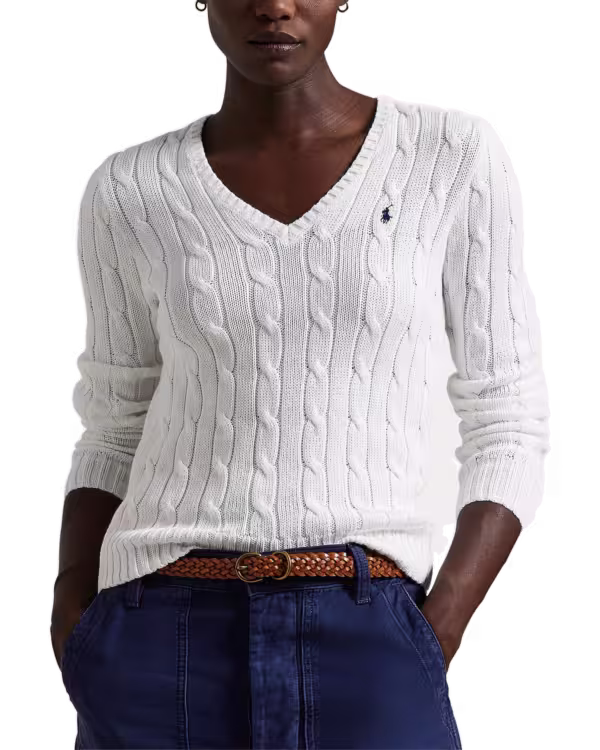 Kabelgebreide Katoenen V-Neck Trui