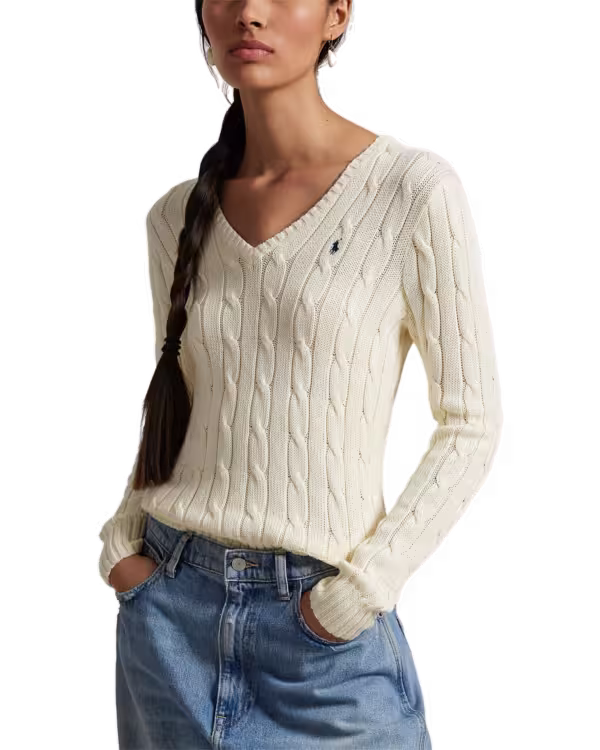 Kabelgebreide Katoenen V-Neck Trui