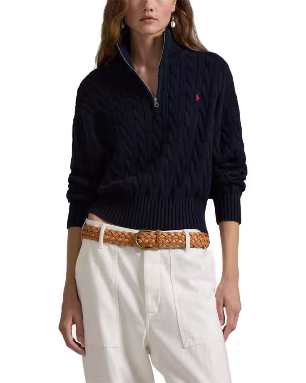 Kabelgebreide Katoenen Quarter-Zip Trui