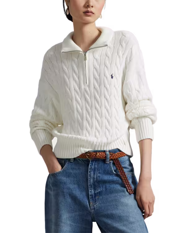 Kabelgebreide Katoenen Quarter-Zip Trui