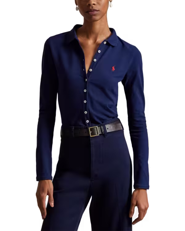 Buttoned-Placket Lange mouw Polo Shirt