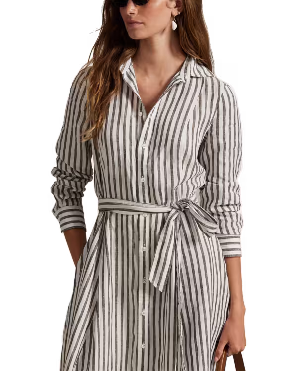 Belted Gestreepte Linnen A-Line Blousejurk