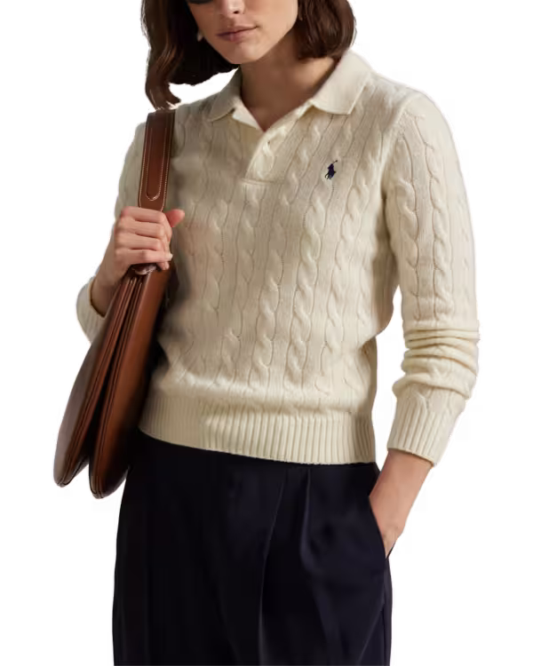 Kabelgebreide Wol-Cashmere Polo Trui