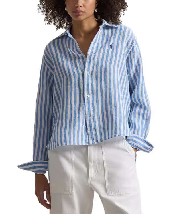Wide Cropped Gingham Linnen Overhemd