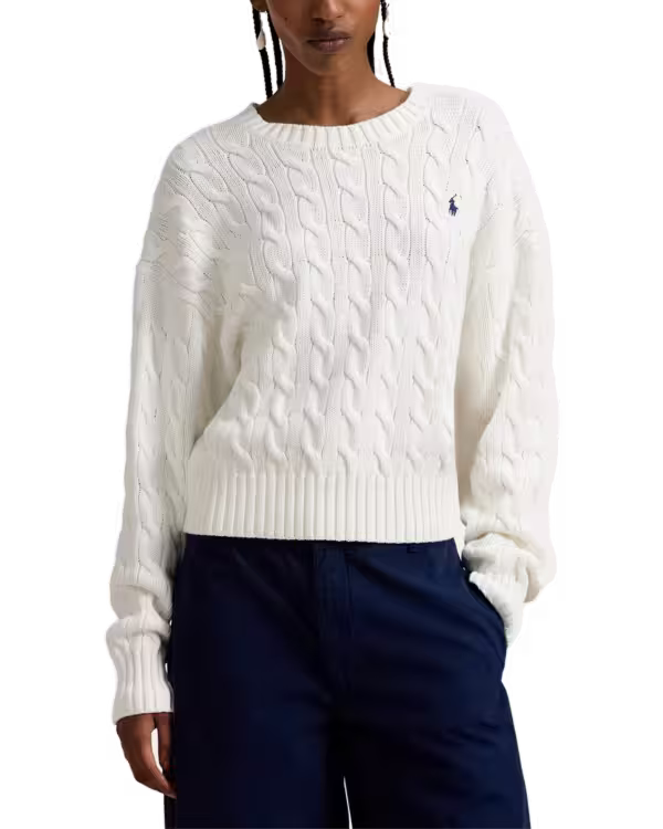 Kabelgebreide Katoenen Crewneck Trui